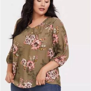 Torrid Olive Floral Crepe Blouse 5X NWT 3/4 Sleeve Lightweight V‑Neck